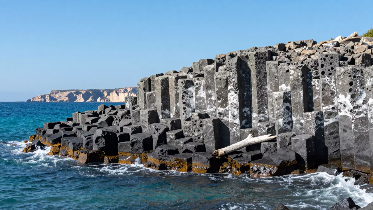 Basalt Columns Along Marseille Wave-Cut Shoreline in along a wave-cut shoreline near Marseille