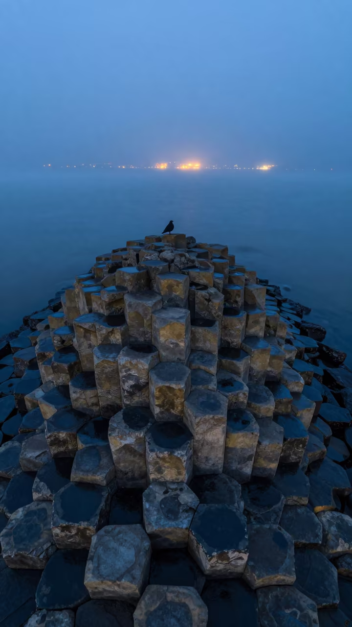 Basalt Columns on Misty Austrian Coastline at Dusk in along a wave-cut shoreline in Austria