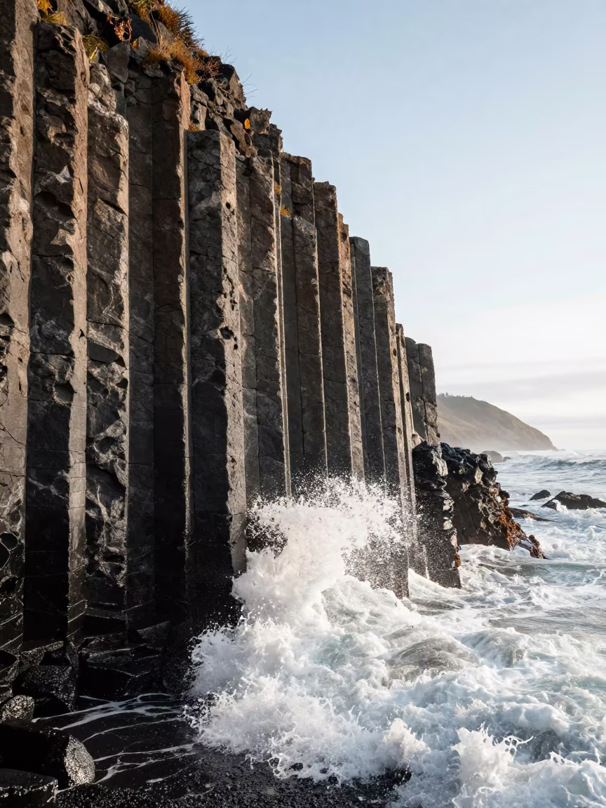 Basalt Columns Oregon Coast Late Afternoon Haze in from a ridge above layered foothills in Oregon