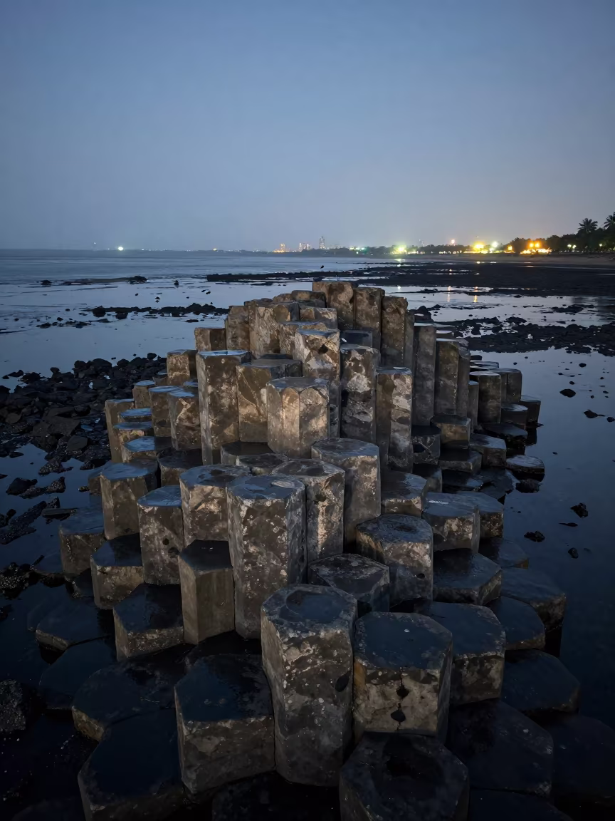 Basalt Columns Wet Floodplain Mumbai City Lights in across a floodplain after rain near Mumbai