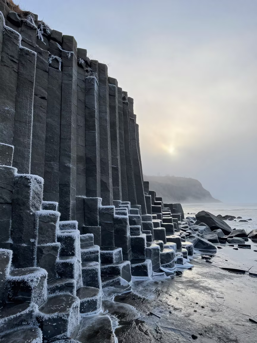 Basalt Columns Winter Mist Coastal Cliff Bishkek in near Bishkek