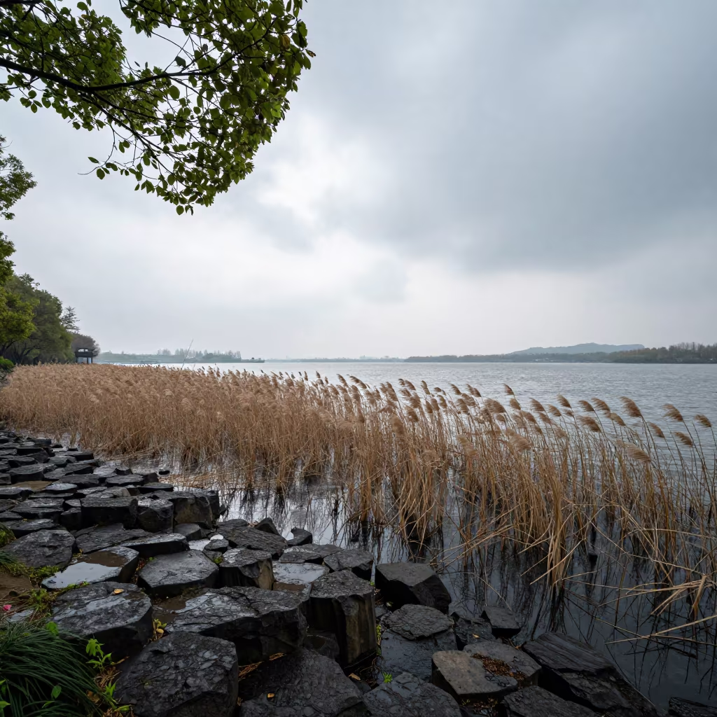 Basalt Headland Lake Silhouette Spring Rain in across a floodplain after rain near Suzhou