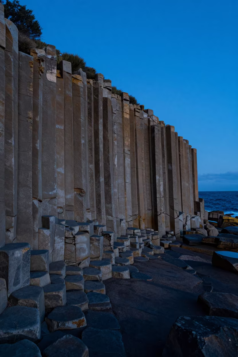 Basalt Organ Pipes Blue Hour Sea Cliff Sydney in across a wide valley floor near Sydney