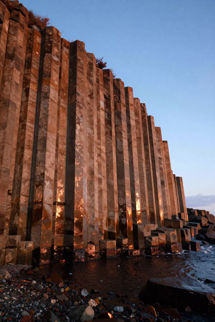 Basalt Organ Pipes on Osaka Sea Cliff After Rain in across a floodplain after rain near Osaka