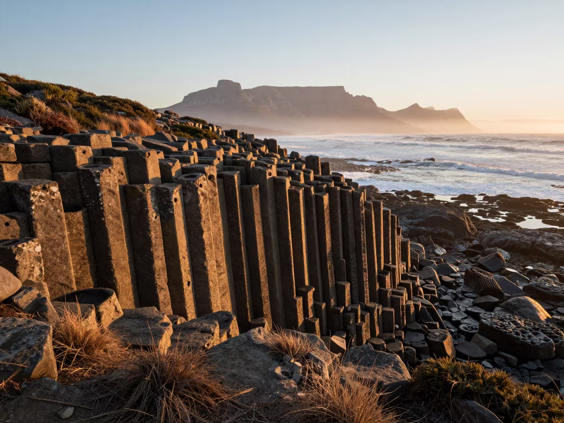 Basalt Organ Pipes on Sea Cliff at Dawn in across a floodplain after rain near Cape Town