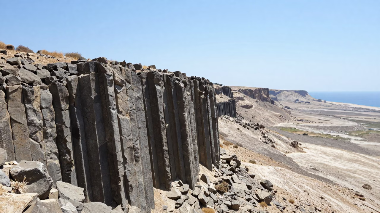 Basalt Organ Pipes Sea Cliff Midday Panorama in across a wide valley floor near Tel Aviv