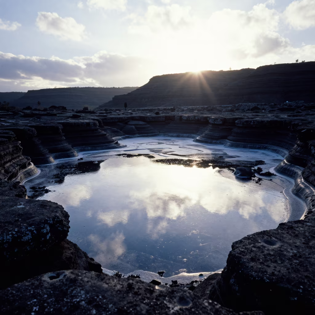 Basalt Plateau Frost Pool Evening Shade in from a ridge above layered foothills near Leme