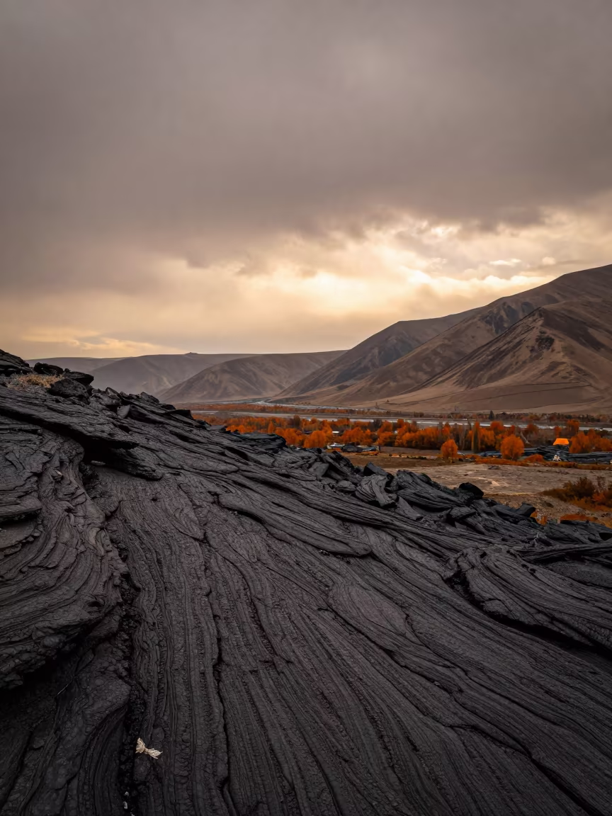 Basalt Plateau Sunset Valley Kashmir in across a wide valley floor in Kashmir