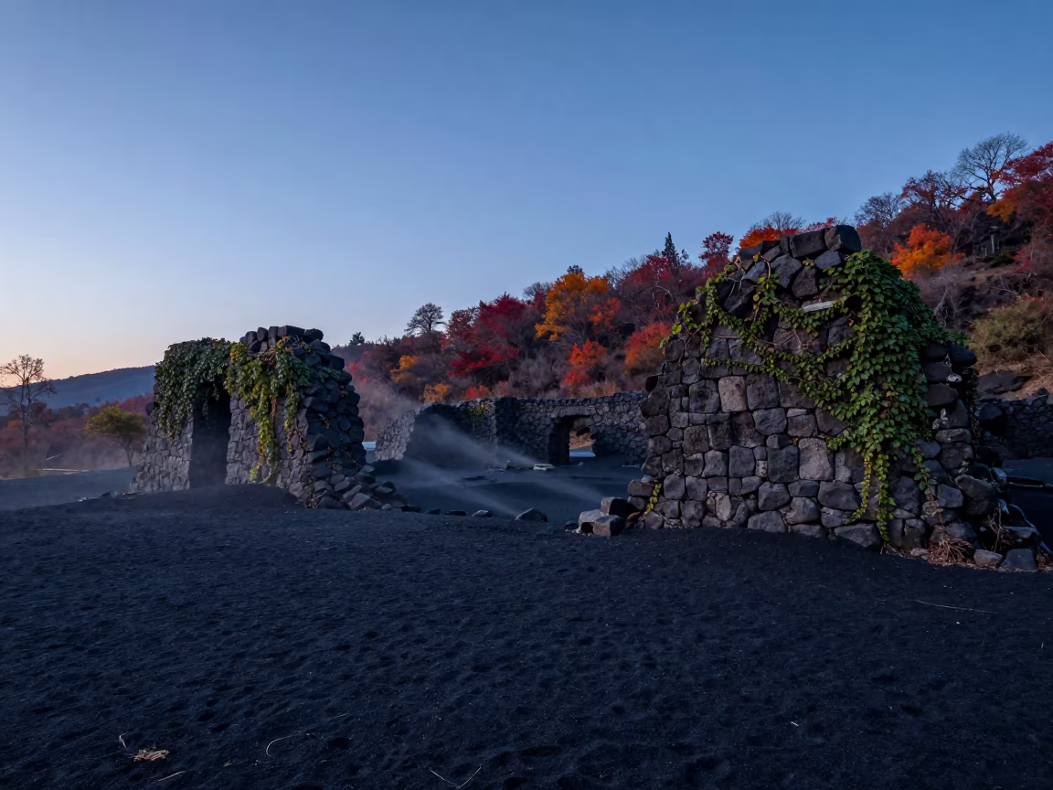 Basalt Ruin Amidst Ivy on Twilight Sand in beside ivy-draped masonry in Himachal Pradesh
