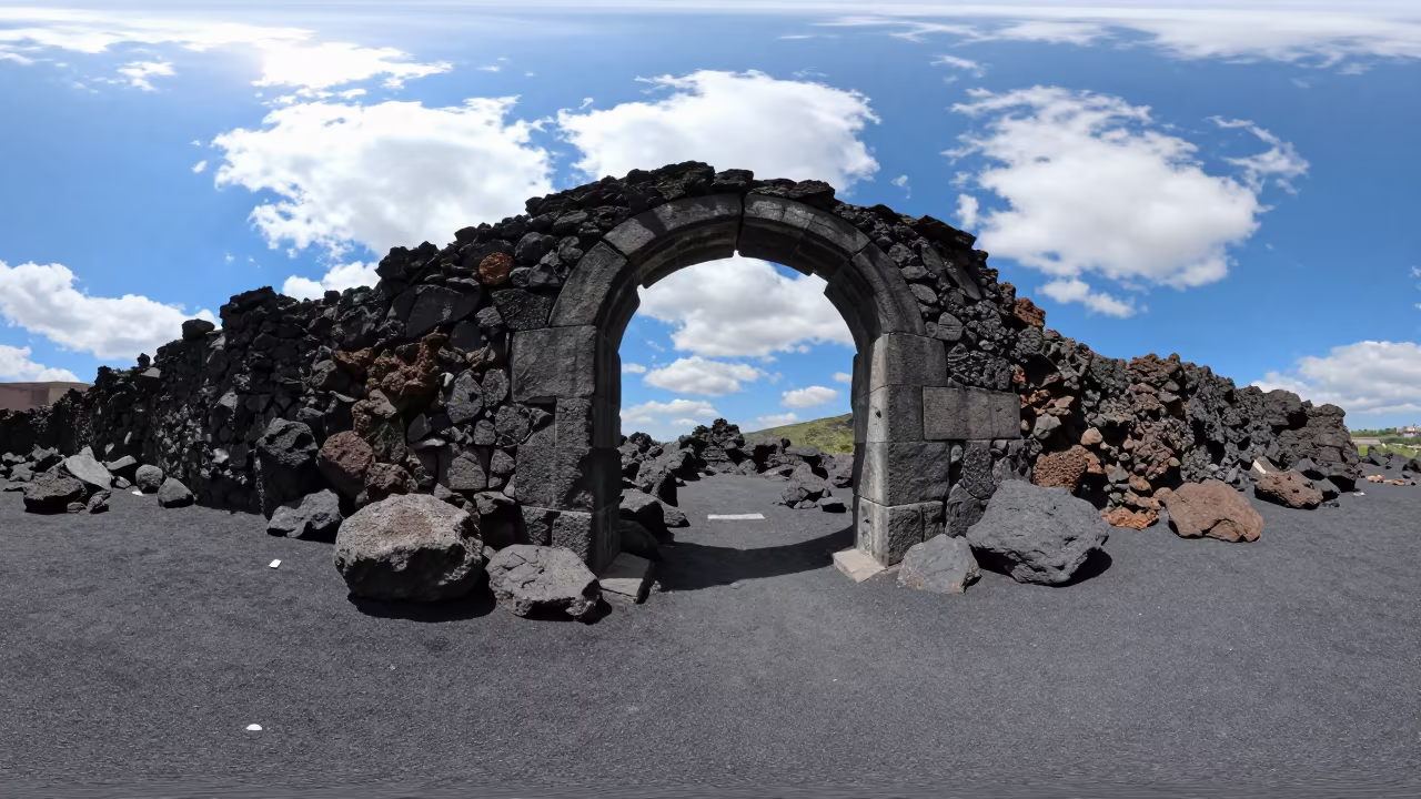 Basalt Ruins Above Black Sand Under Stone Arch in beneath a broken stone arch near Sololaki, Tbilisi