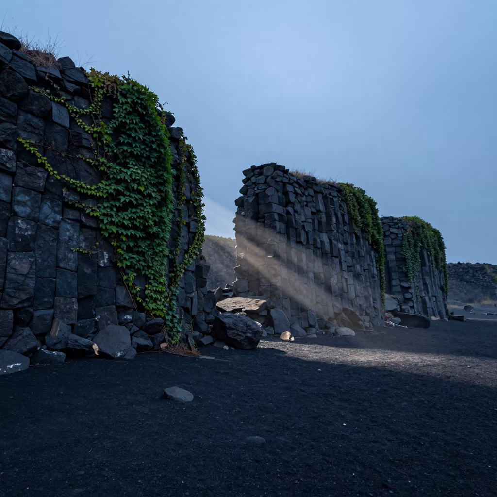 Basalt Ruins in Evening Blue Light Himachal in beside ivy-draped masonry in Himachal Pradesh