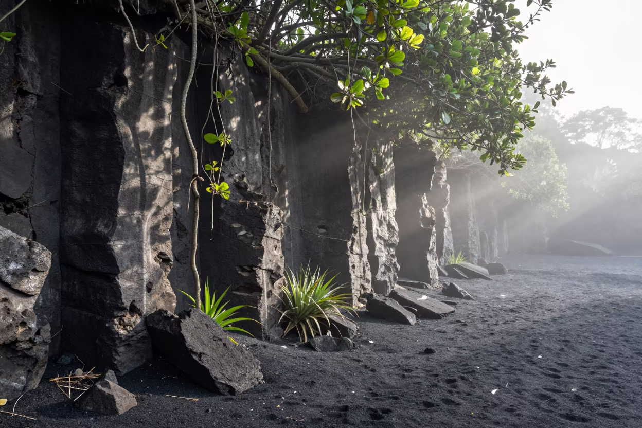 Basalt Ruins Amidst Vine Choked Corridor Colombia in along a vine-choked corridor in Colombia