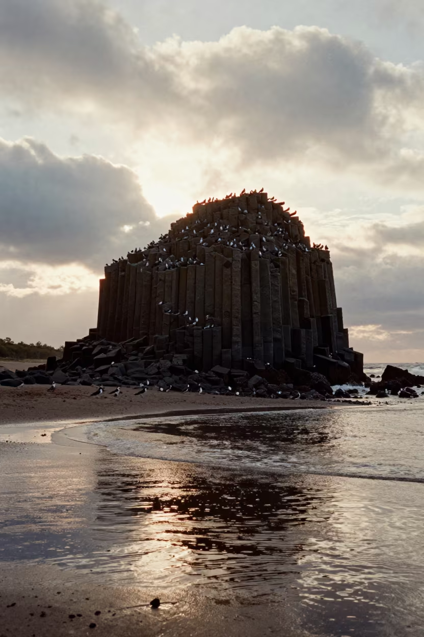 Basalt Sea Stack Silhouette Floodplain After Rain in across a floodplain after rain in Australia