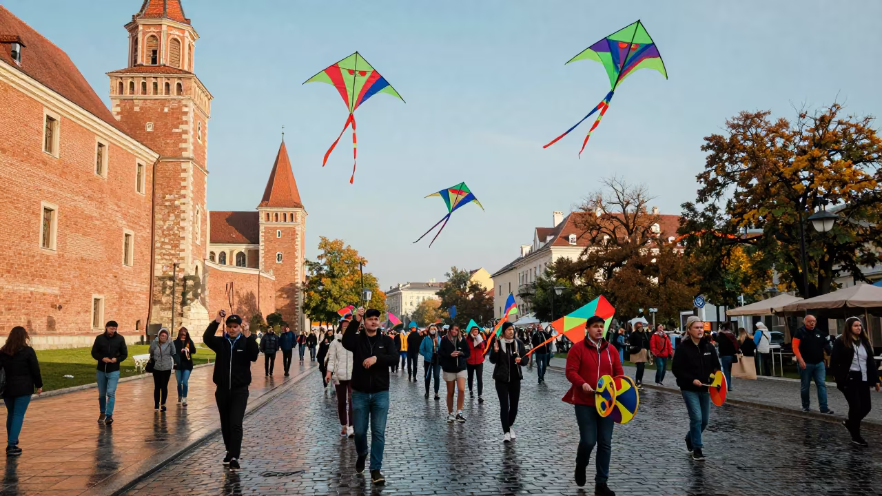 Colorful Basant Kites Flying Over Budapest Castle District in at a festival street procession in Castle District, Budapest
