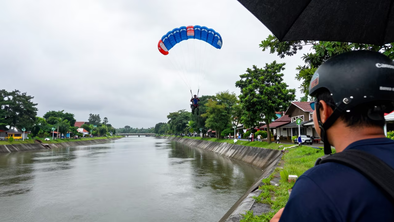 BASE Jumper Canal Side Bandung Rainy Season in beside a canal in Bandung