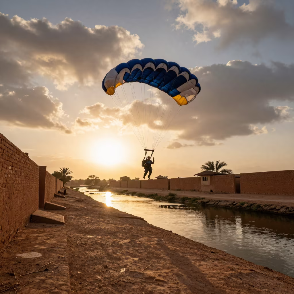 BASE Jumper Canopy Deployment Beside Harar Canal in beside a canal in Harar