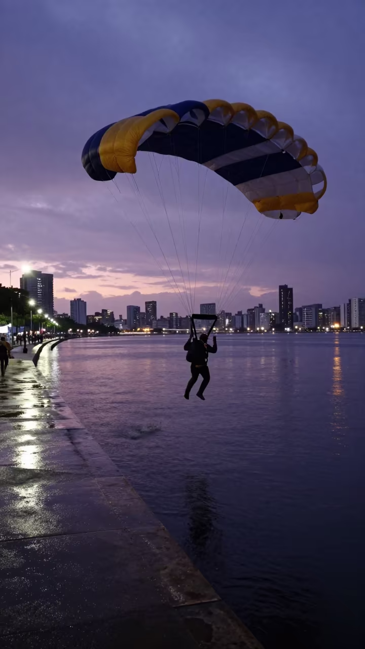 BASE Jumper Canopy Deployment Harbor Edge in at a harbor edge in Campinas