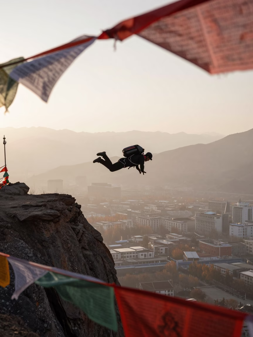 Base Jumper Leaps Lhasa Cliff Dawn Mist in in Lhasa