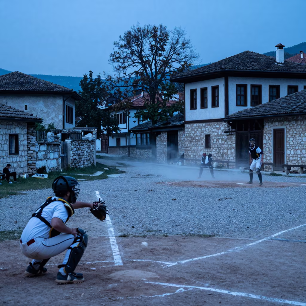 Baseball Catcher Framing Pitch Sarajevo Twilight in in a village lane near Sarajevo