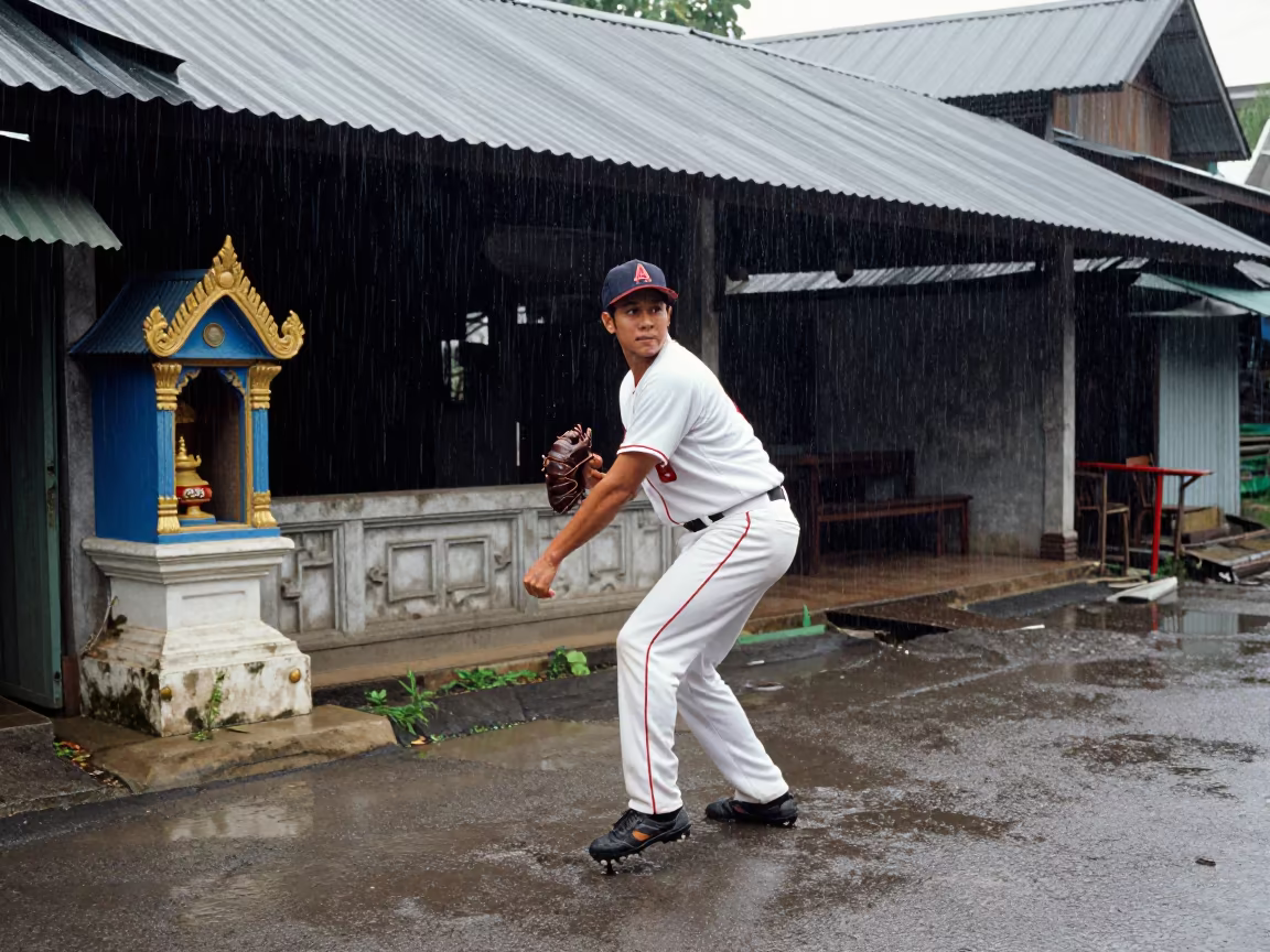 Baseball Pitcher Wind-Up Village Lane Rain in in a village lane near Bangkok