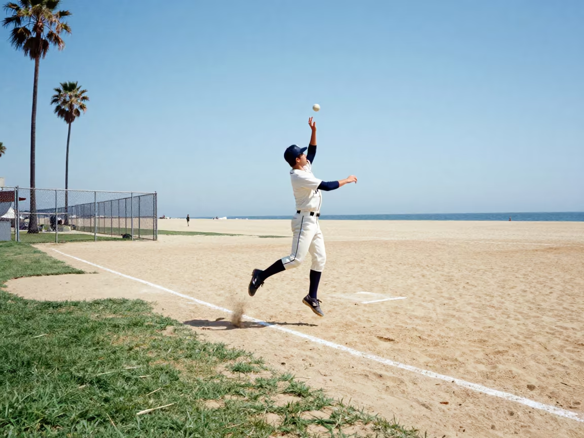 Baseball Shortstop Leaping Throw on Sunny Beach in along a beach near Los Angeles
