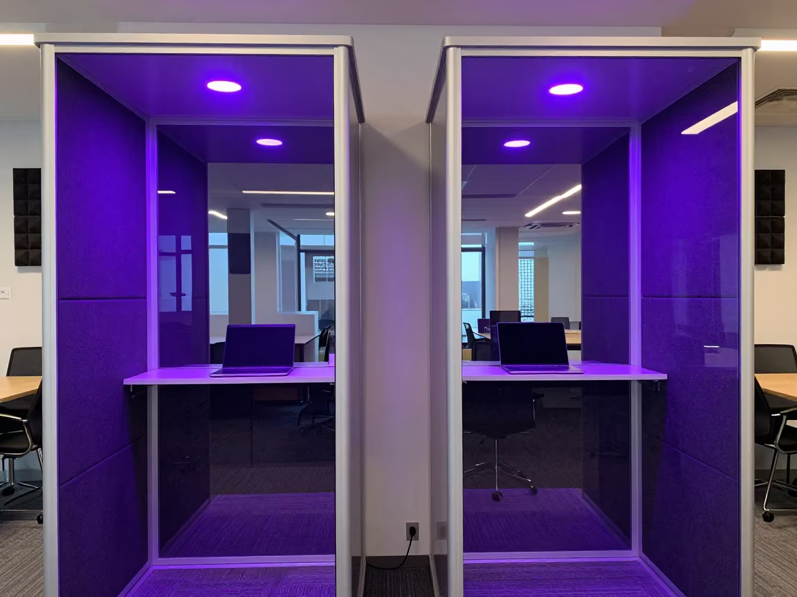 Basel Coworking Phone Booth Neon Evening in inside a conference room in Basel