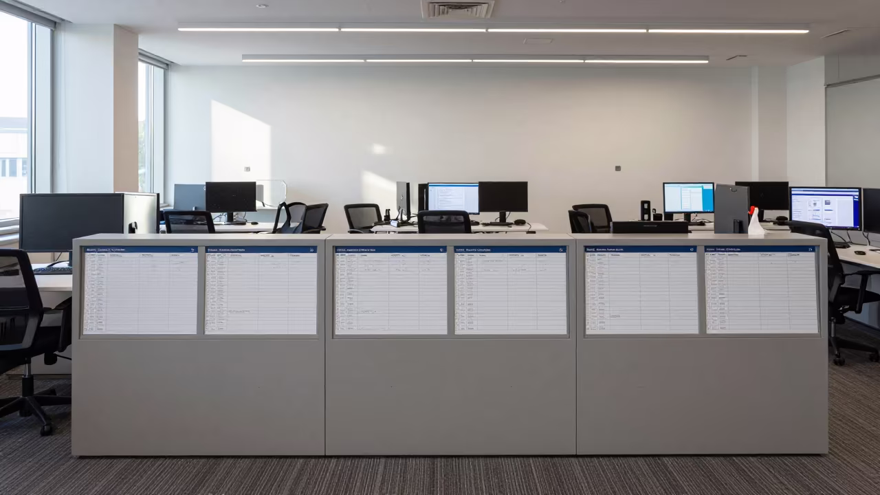 Basel Operations Center Booking Panel with Dust in in an operations center under monitor glow in Basel