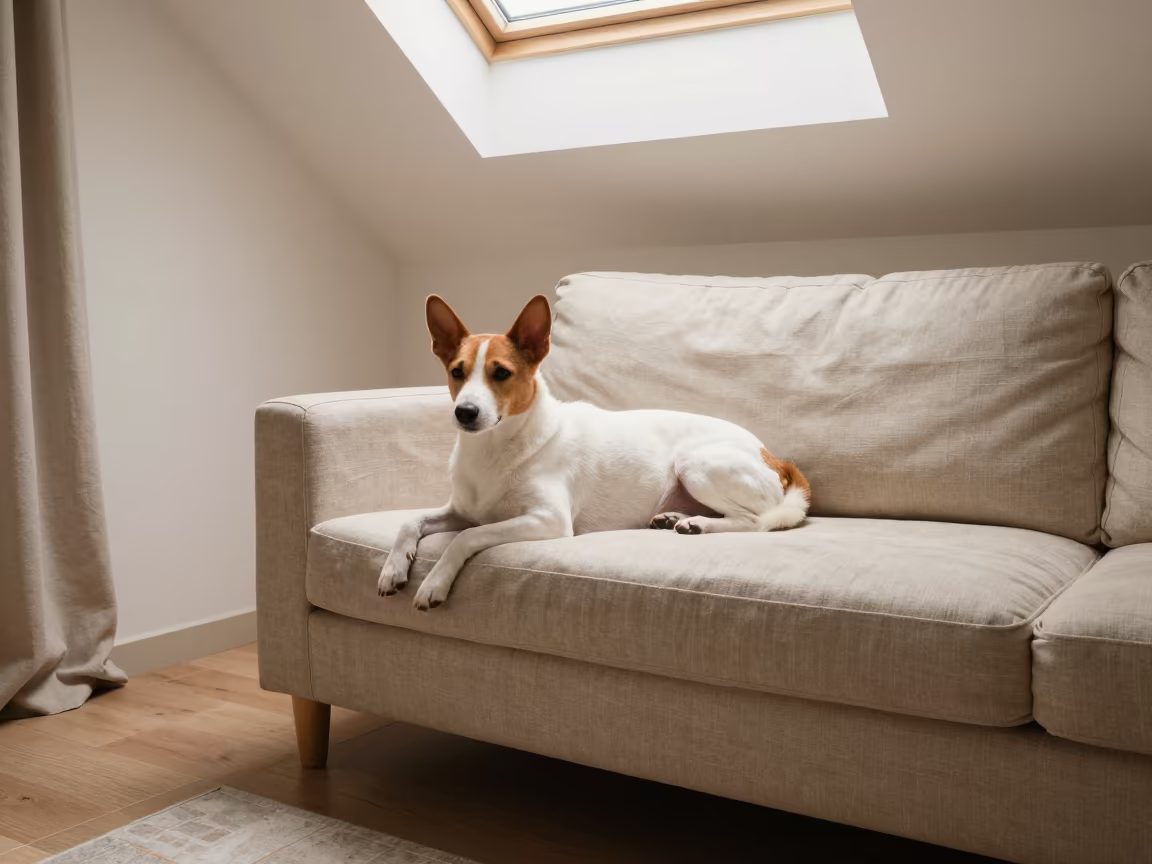 Basenji Dog Resting on Linen Sofa in Bulawayo in on a linen sofa with daylight from a nearby window in Bulawayo