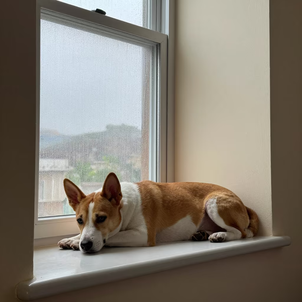 Basenji Dog Resting on Window Seat in Khulna Apartment in on a window seat in a quiet apartment with soft side light in Khulna