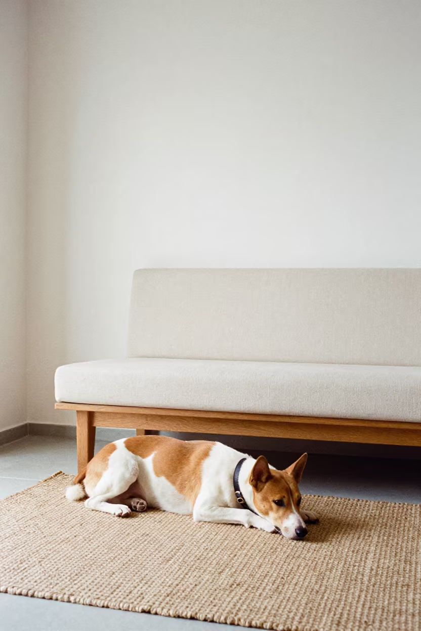 Basenji Dog Resting on Woven Rug in on a woven rug beside a low couch and an uncluttered wall in Baghdad
