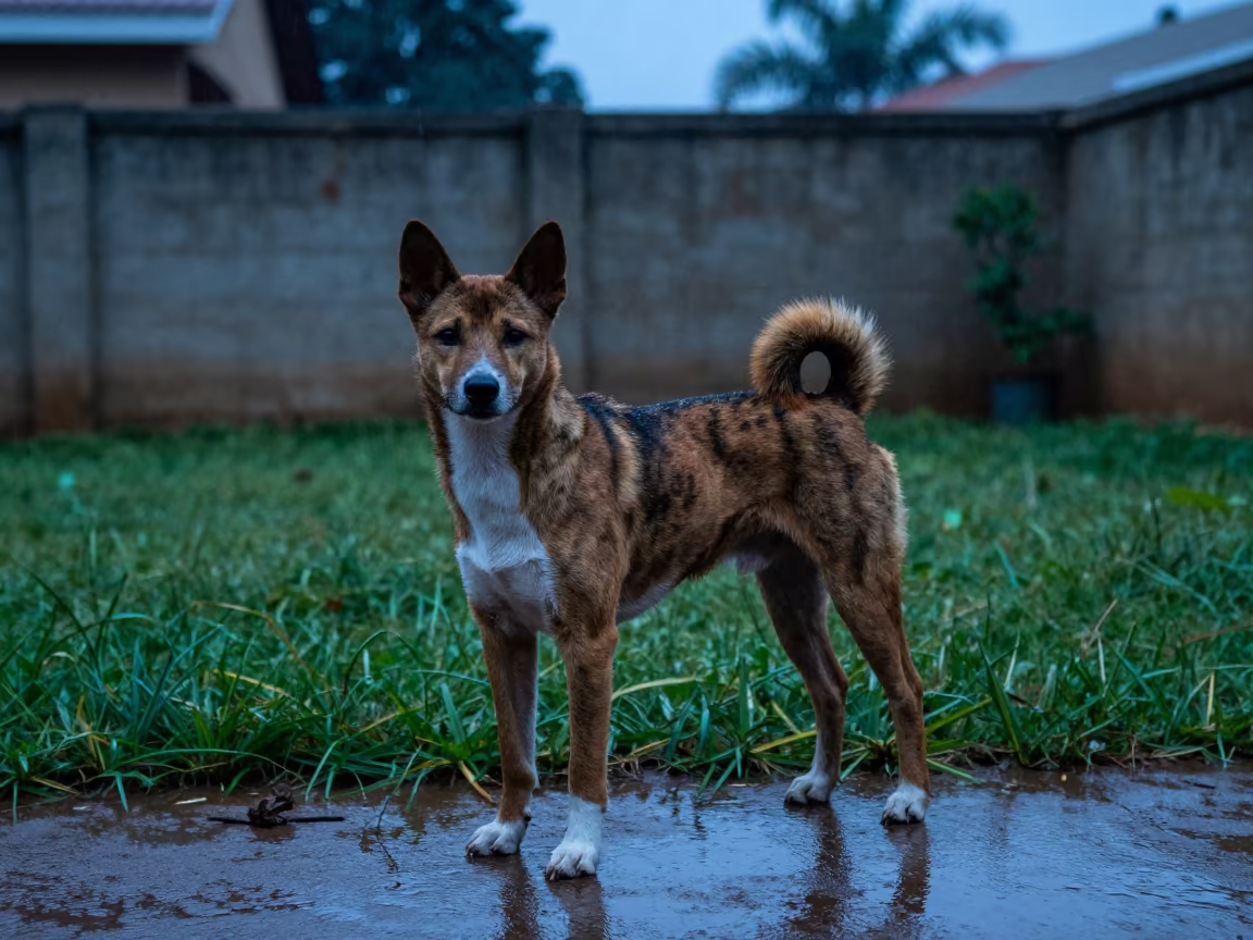 Basenji in Kampala Evening Blue Light in in a small yard with clipped grass, calm light, and the animal centered in frame in Kampala