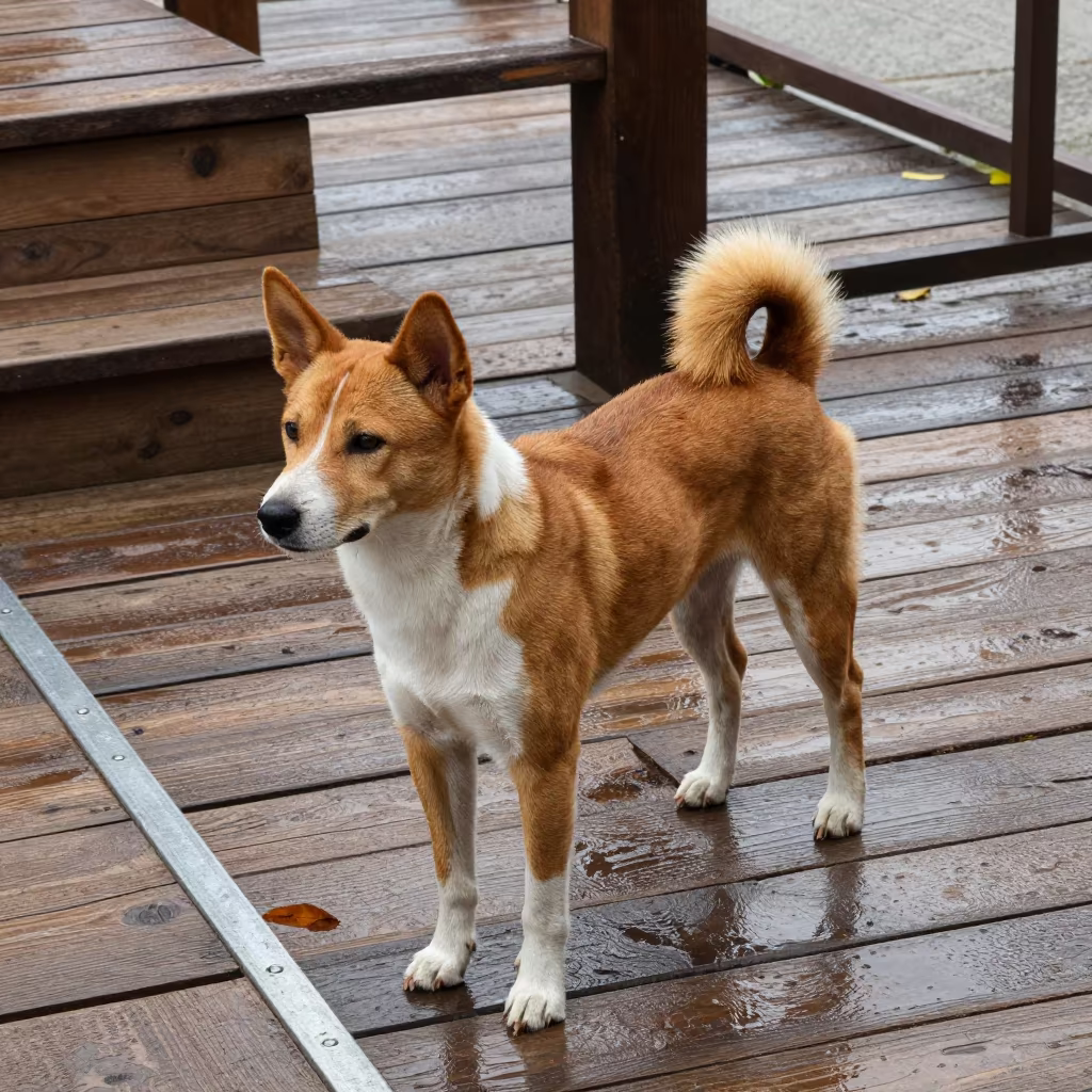 Basenji on Cabimas Porch Under Overcast Sky in on a shaded front porch with boards, railings, and eye-level framing in Cabimas