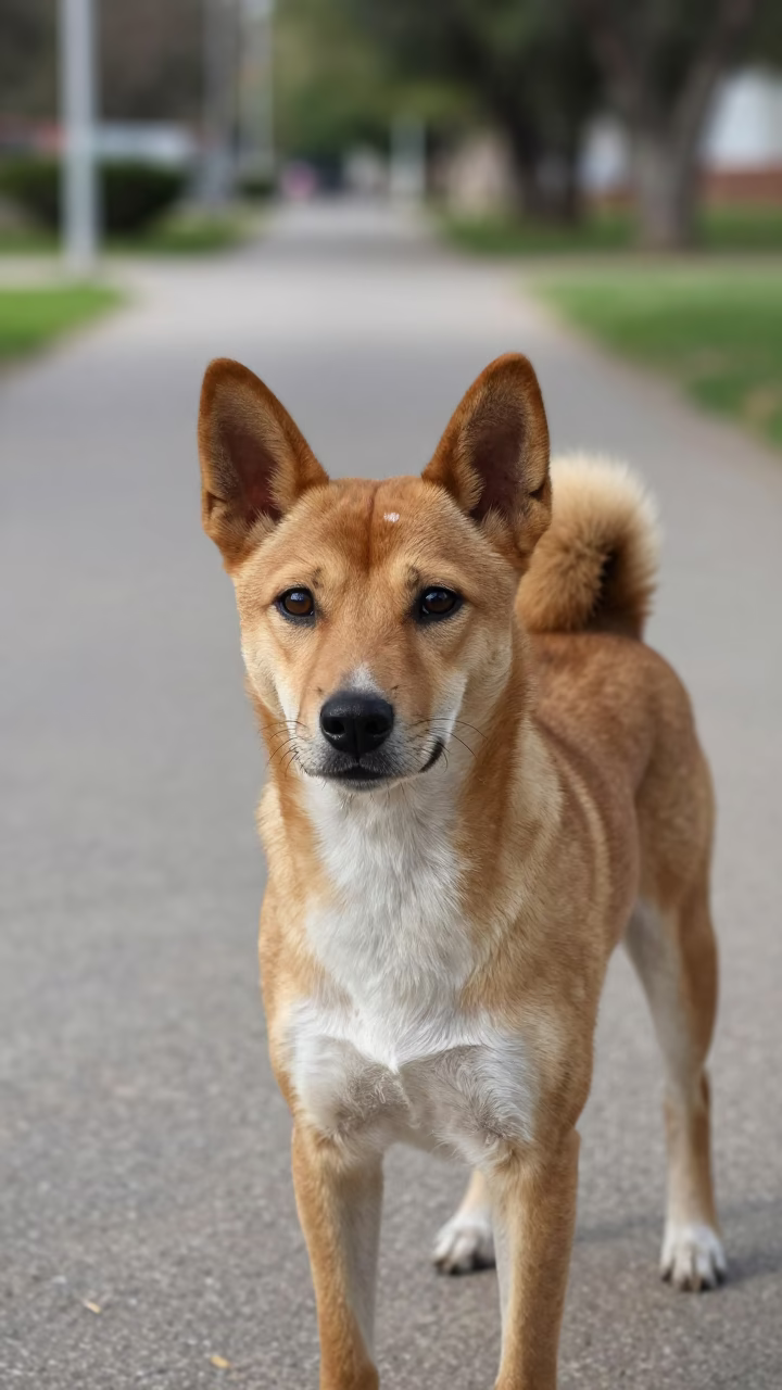 Basenji Portrait Along Quiet Sucre Park Path in along a quiet park path with soft open shade and a clean background near Sucre
