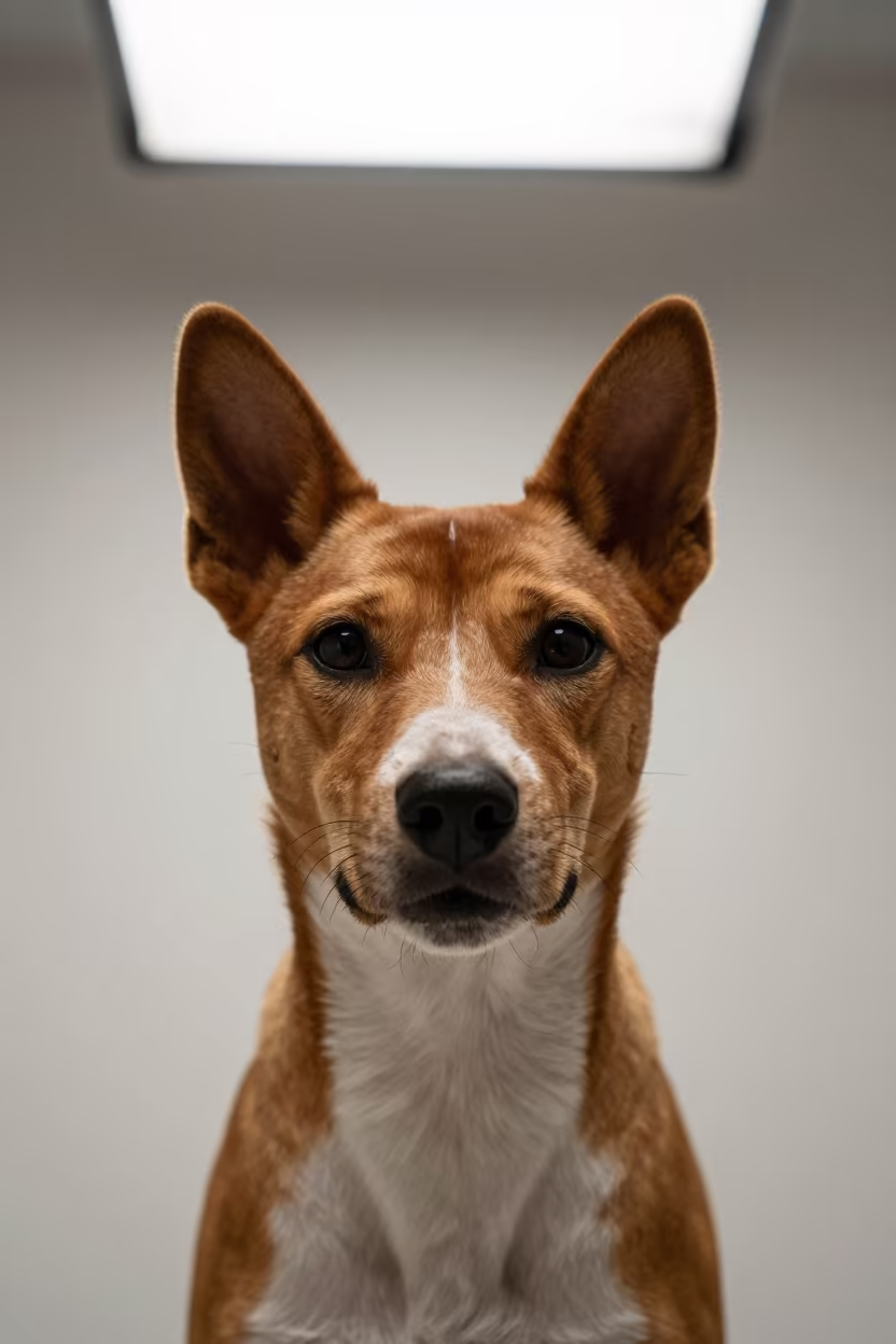 Basenji Portrait Dry Season Studio Light in in a quiet portrait studio with a plain backdrop and eye-level framing in Durán