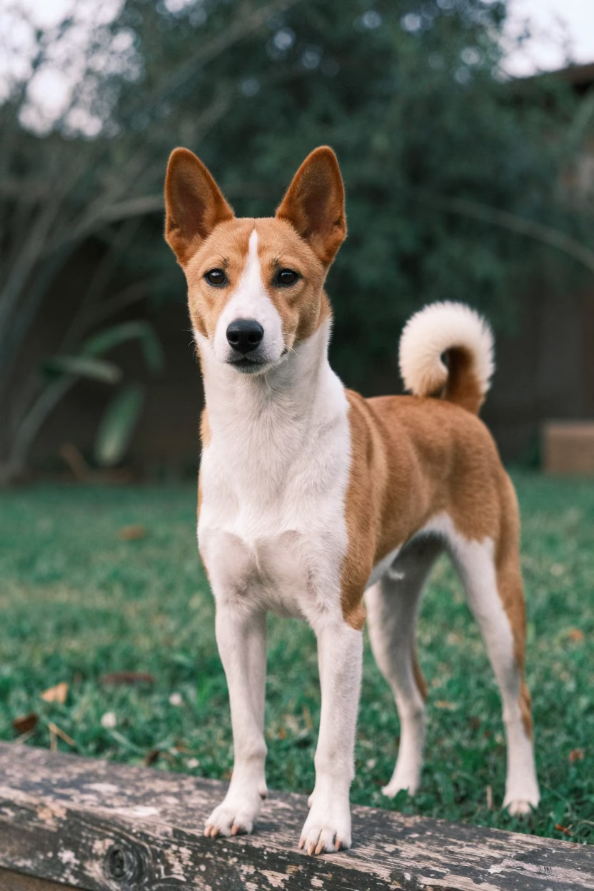Basenji Portrait in Kahama Garden Morning Light in near a garden edge with soft morning light and an uncluttered background in Kahama