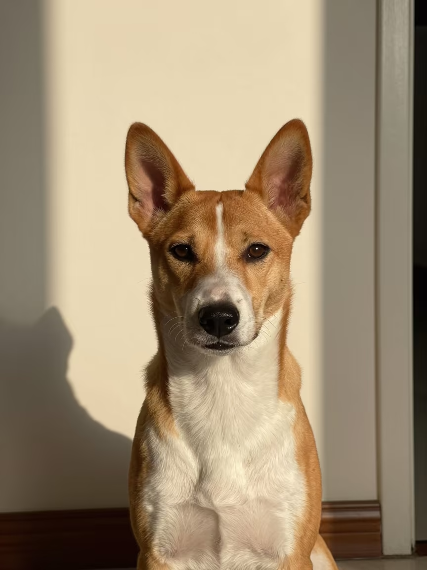 Basenji Portrait in Tekirdağ Indoor Light in beside a plain plaster wall in soft indoor light with the animal centered in frame in Tekirdağ