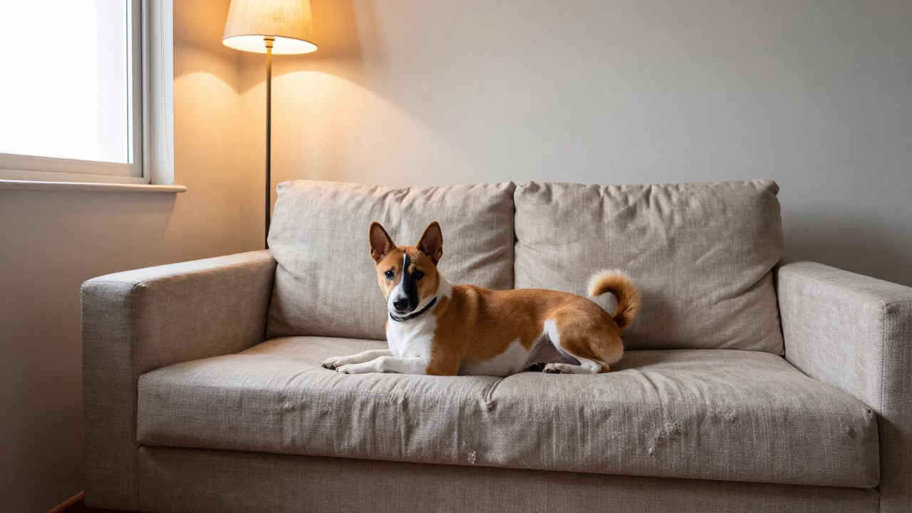 Basenji Resting on Linen Sofa in Belo Horizonte in on a linen sofa with daylight from a nearby window near Belo Horizonte