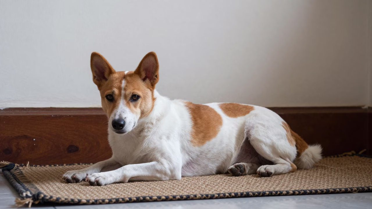 Basenji resting on woven rug in Etah home in on a woven rug beside a low couch and an uncluttered wall in Etah