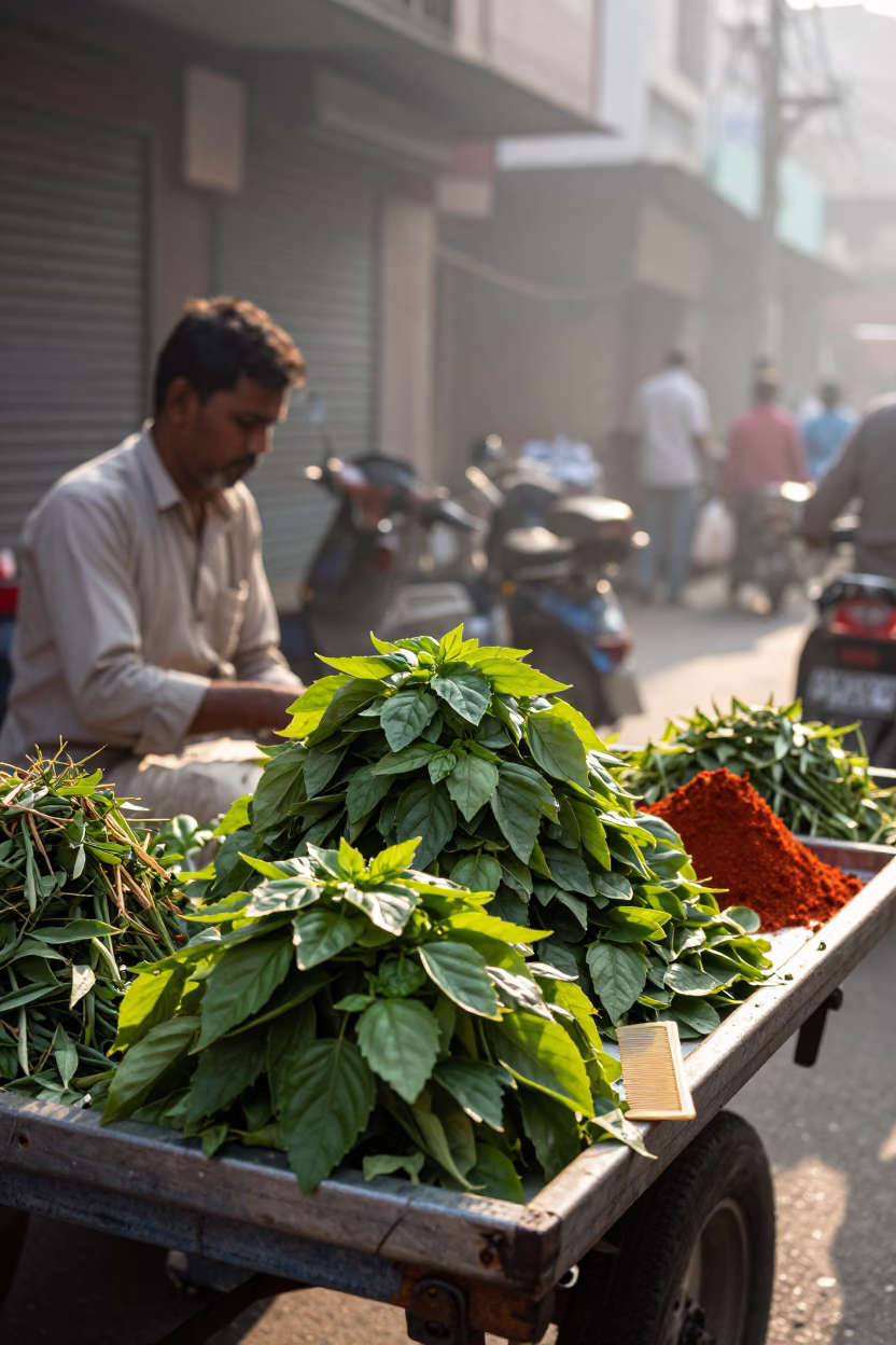 Basil Leaves in Delhi at First Light Of Dawn in in Delhi, India