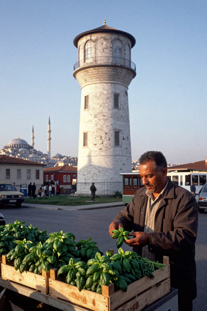 Basil Leaves in Istanbul at The Early Morning Light in in Istanbul, Turkey