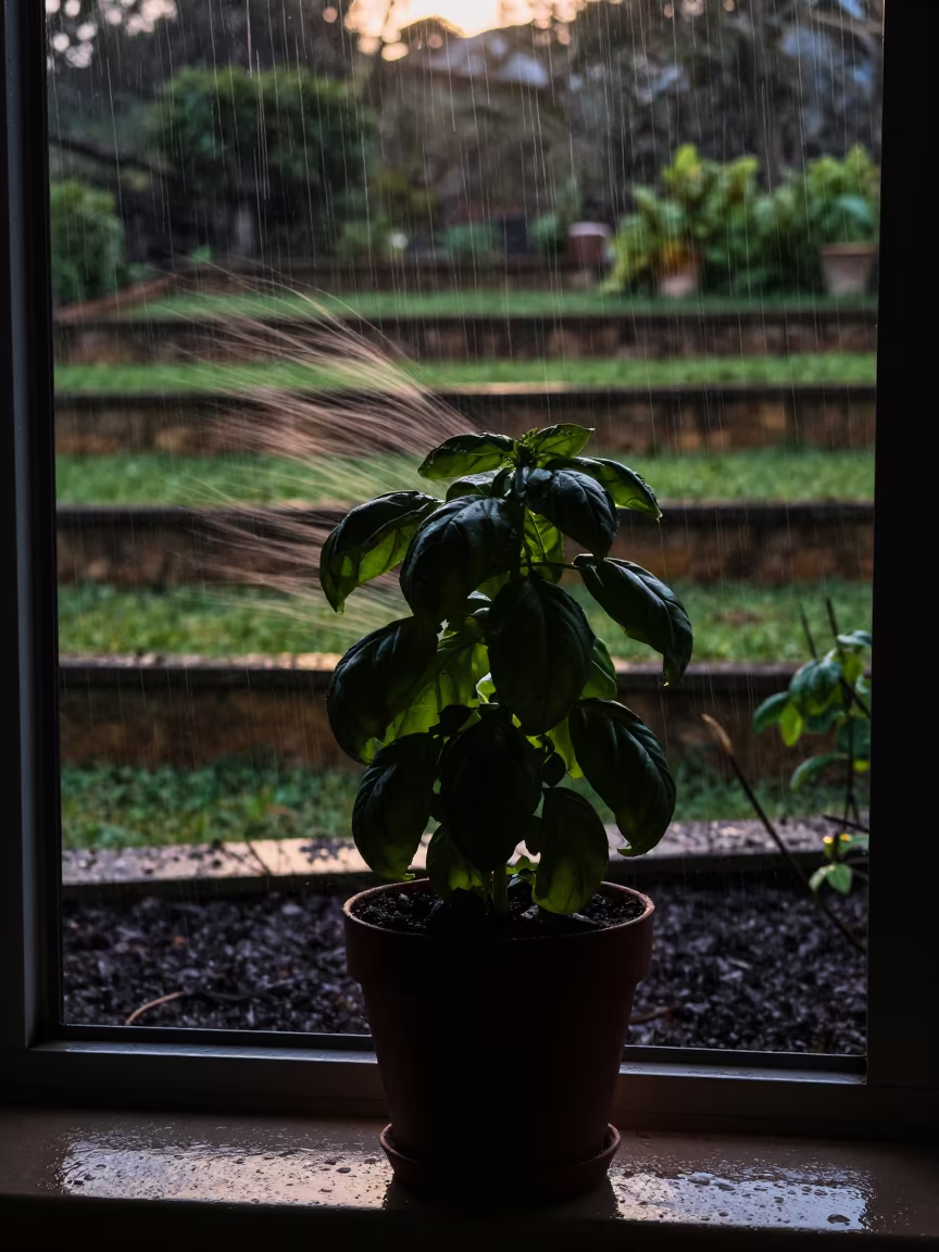 Basil Pot Silhouette Against Wet Season Light in among terraced garden plots in Queensland