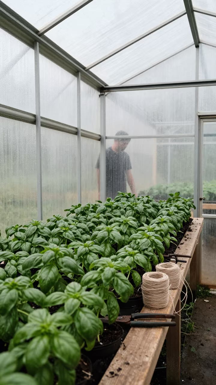 Basil and Rust on Greenhouse Bench in under translucent greenhouse roofing in the Loire Valley