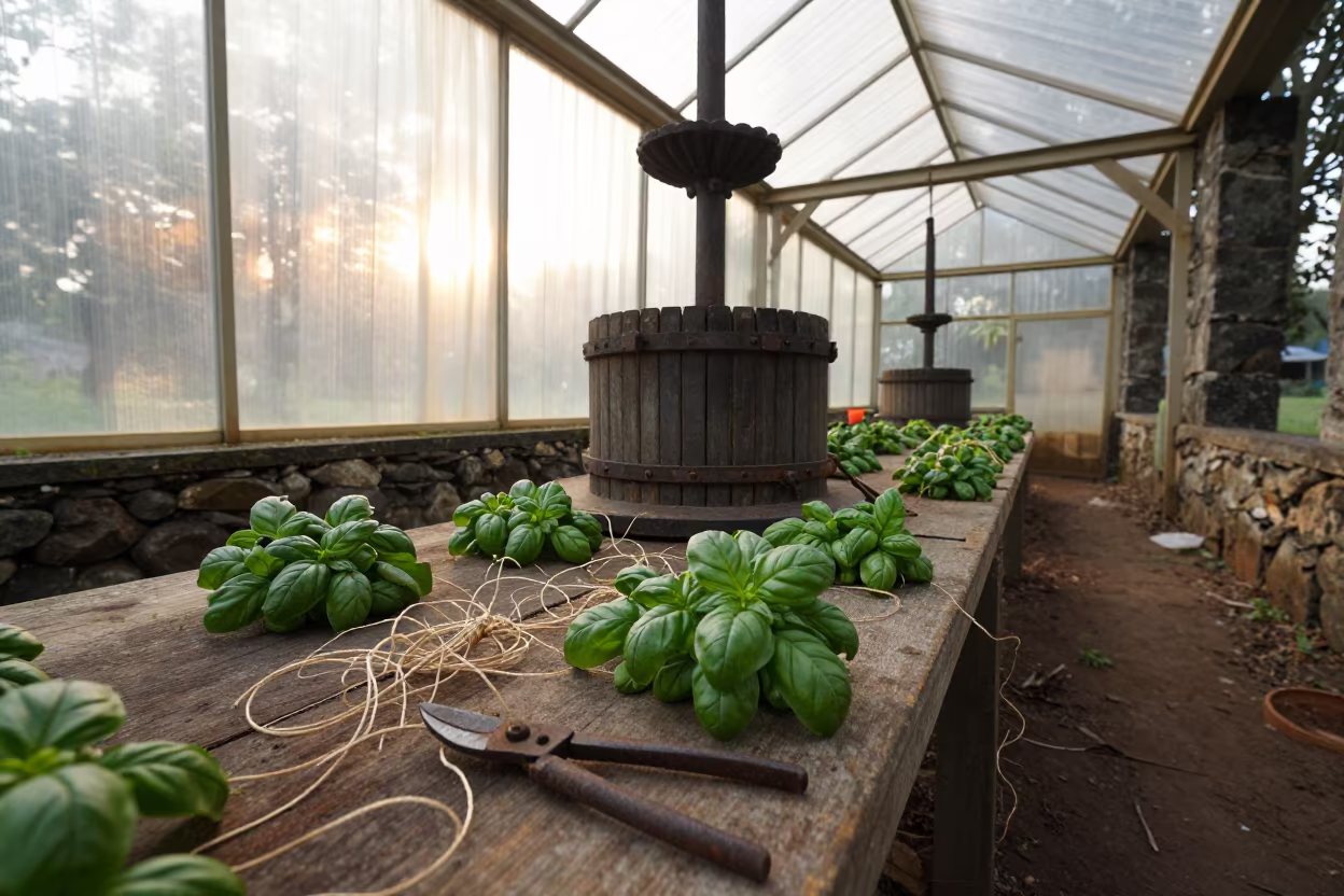 Basil Shears on Greenhouse Bench in Olive Press in inside a village olive press near Guwahati