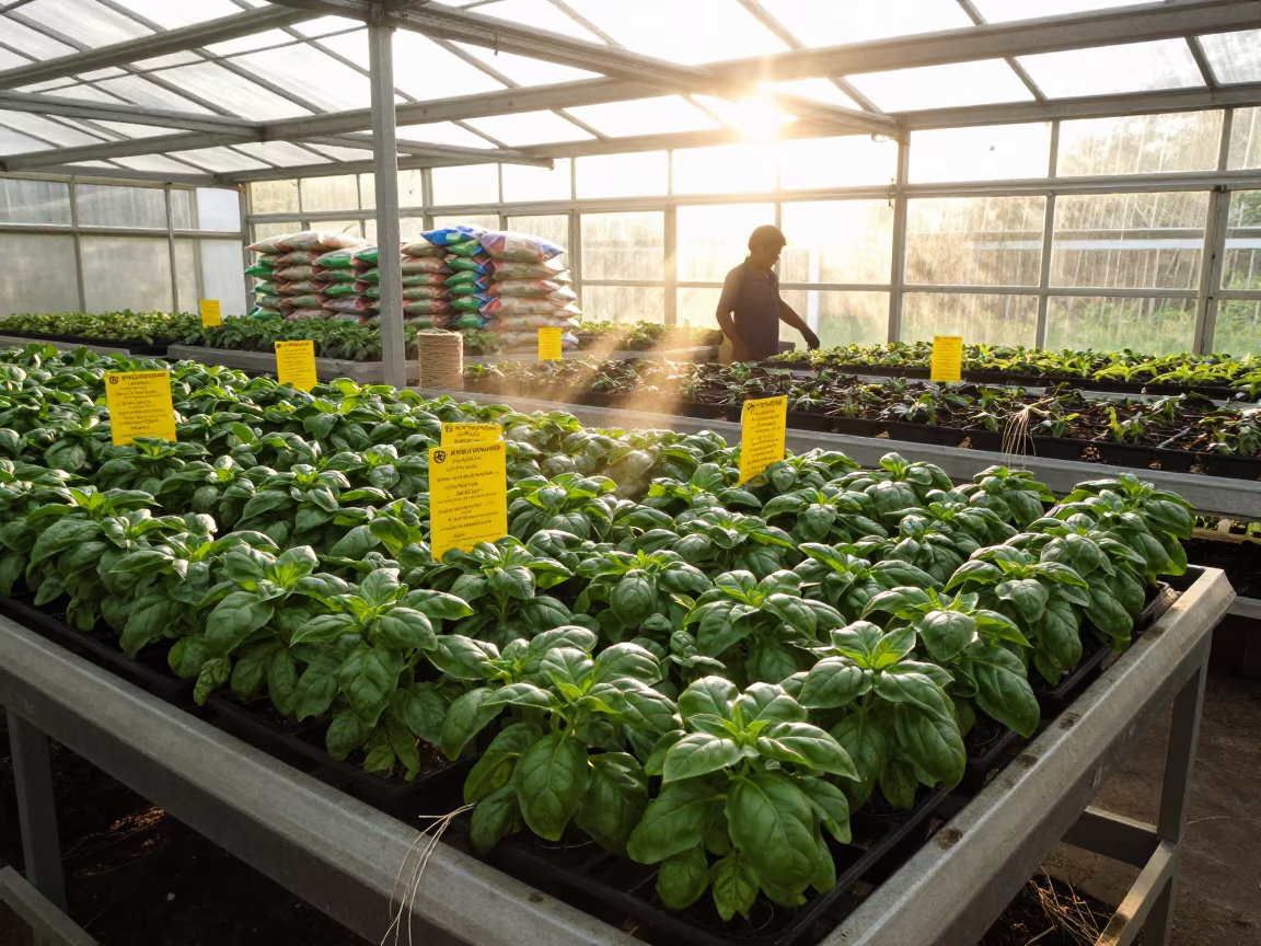 Basil Trays and Twine on Potting Bench in Panama in inside a machine shed with seed bags stacked high in Panama