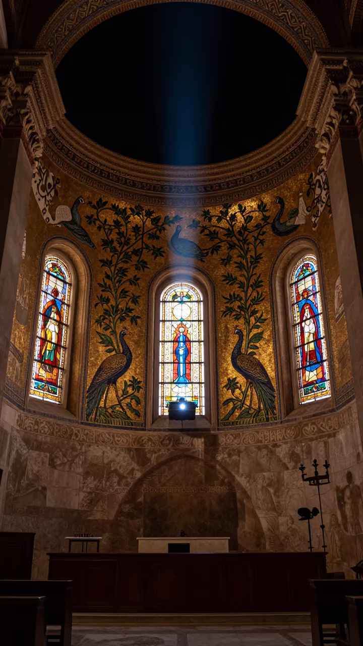 Basilica Narthex Mosaics Peacock Vine Stained Glass Night in in a chapel lit by stained glass in Zhengzhou