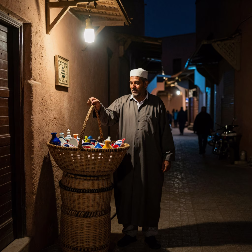 Basket in Marrakech at Deep In The Night Light in in Marrakech, Morocco