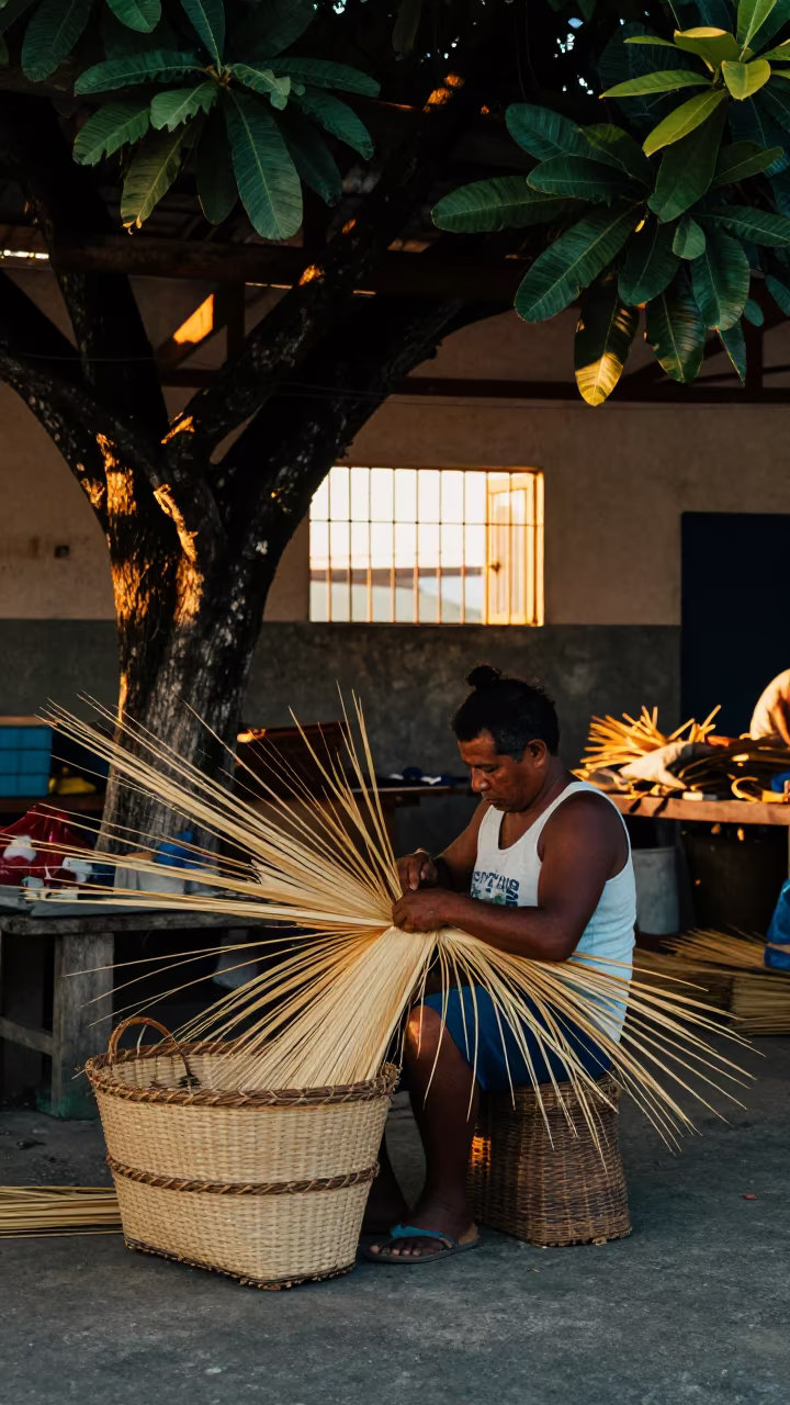 Basket Maker Weaving Palm Fronds in Rio Market in in a market hall in Rio de Janeiro