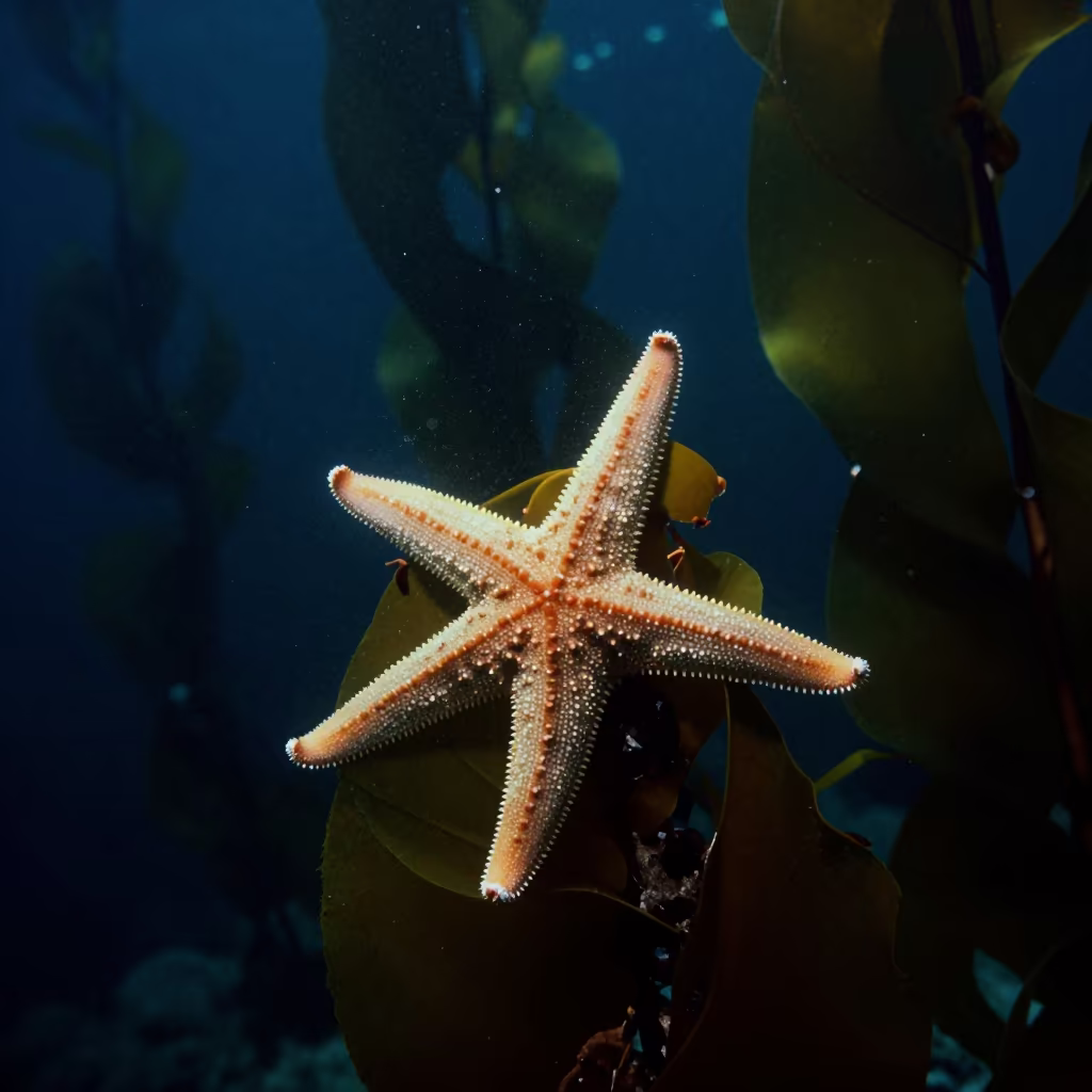 Basket Starfish Feeding Among Kelp at Night in through a forest of kelp fronds in Queensland
