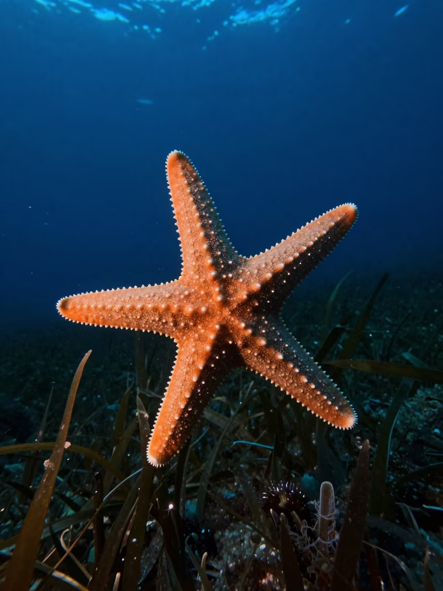 Basket Starfish Feeding Night Seagrass in above a seagrass meadow near Cartagena