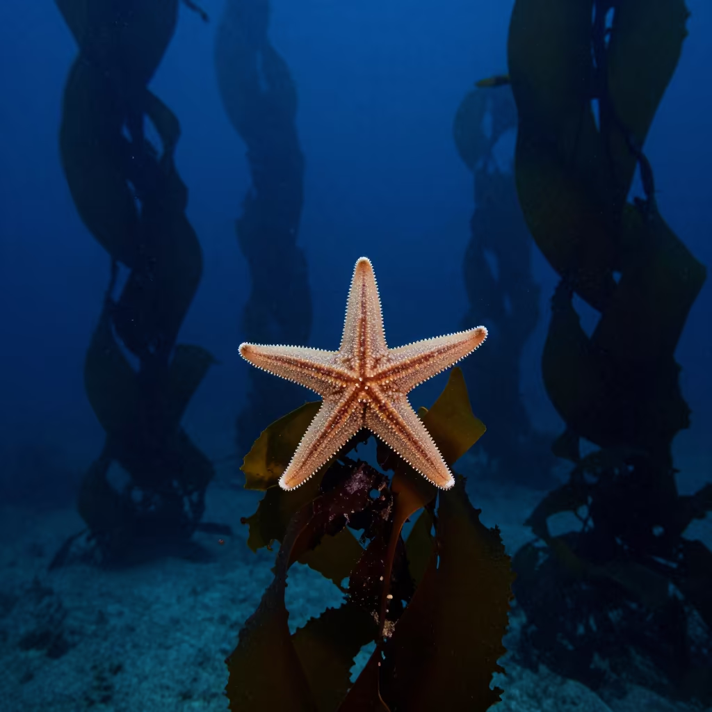 Basket Starfish Feeding in Spanish Kelp Forest in through a forest of kelp fronds in Spain
